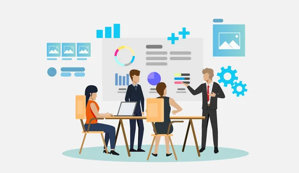 Business Teamwork Konzept Berufstätige Raum Mit Blauen Icons Und Displays — Stockvektor