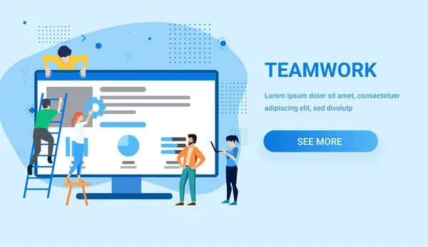 Teamwork Concept Mensen Versieren Gigantische Computer Display — Stockvector