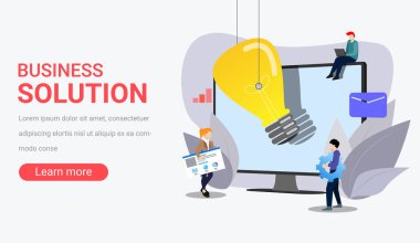 İş afişi. Çalışan insanların olduğu büyük altın bir ampul.