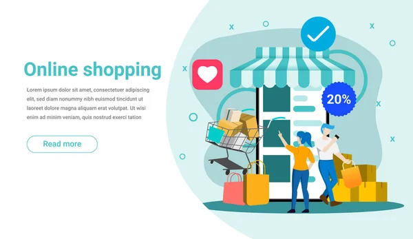 モバイルとウェブサイトのためのオンラインショッピングランディングページ — ストックベクタ
