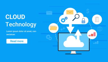 Küçük simgelerle bilgisayar ve bulut sisteminden veri aktarımı