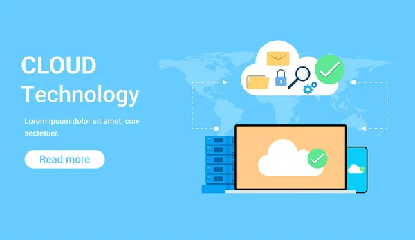 Ordenador Con Iconos Datos Nube Con Mapa Del Mundo Fondo — Vector de stock