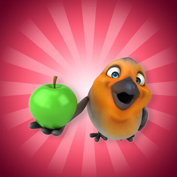 Διασκεδαστικό πουλί με πράσινο μήλο — Φωτογραφία Αρχείου