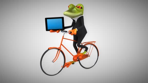 Fun cartoon frog on bicycle — Stock Video