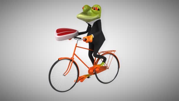 Fun cartoon frog on bicycle — Stock Video