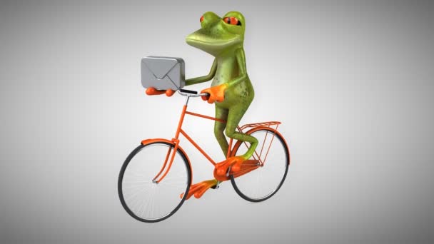 Fun cartoon frog on bicycle — Stock Video