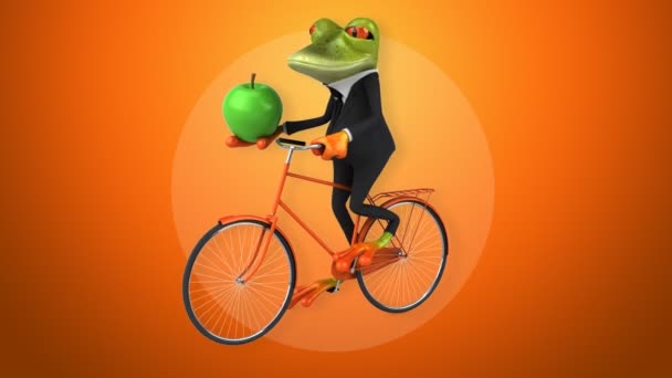 Fun cartoon frog on bicycle — Stock Video