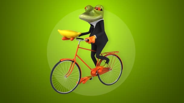 Fun cartoon frog on bicycle — Stock Video