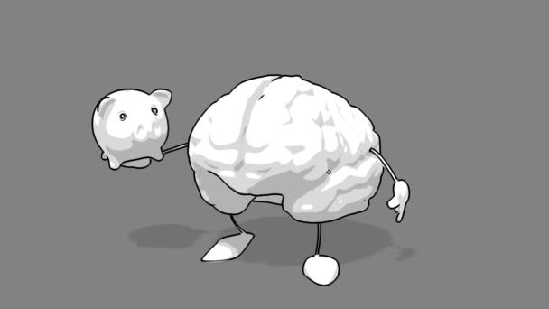 Divertido cerebro de dibujos animados en blanco y negro — Vídeo de stock