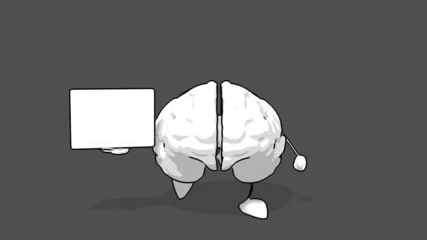 Divertido cerebro de dibujos animados en blanco y negro — Vídeo de stock