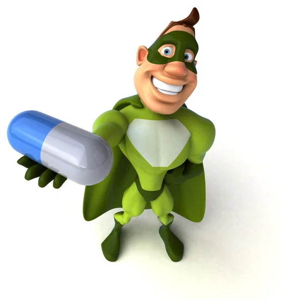 Superhero holding pill — Stock Photo, Image