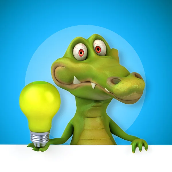 Krokodýl drží kartu a žárovka — Stock fotografie
