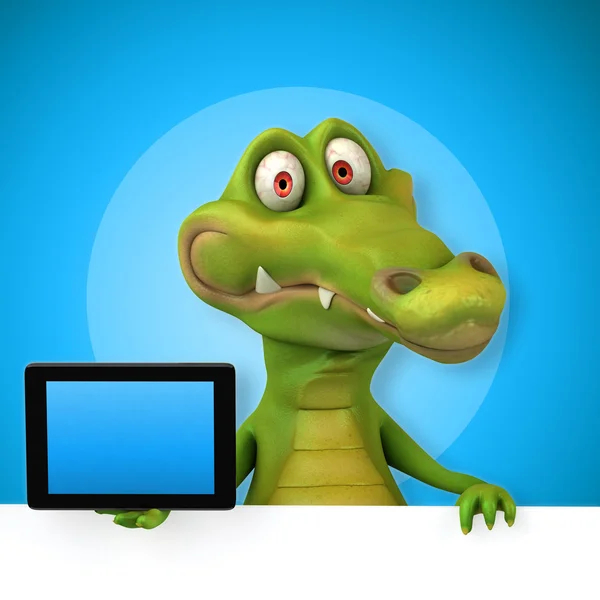 Crocodile holding card and tablet — Stock Photo, Image