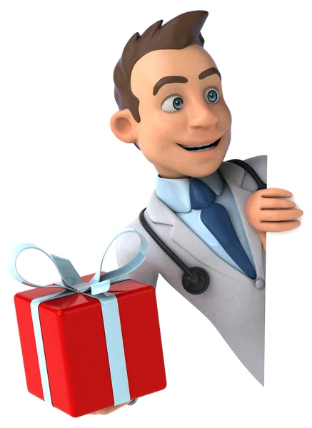 Doctor holding card and present — Stock Photo, Image