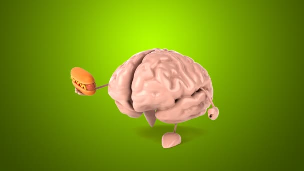 Funny brain holding hotdog — Stock Video