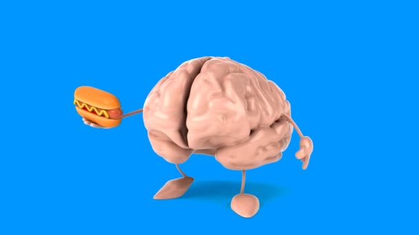 Funny brain holding hotdog — Stock Video