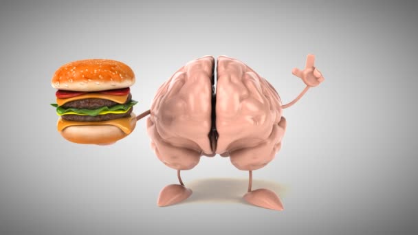 Funny brain holding burger — Stock Video