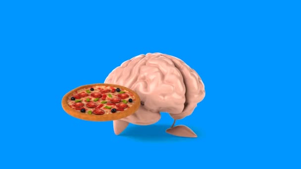 Funny brain holding pizza — Stock Video