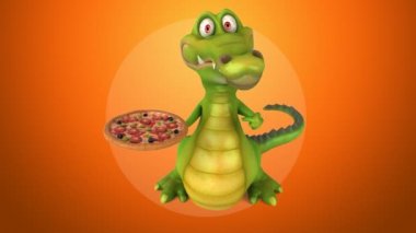 Timsah holding pizza