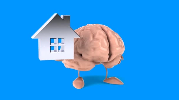 Cerebro divertido sosteniendo signo de la casa — Vídeo de stock