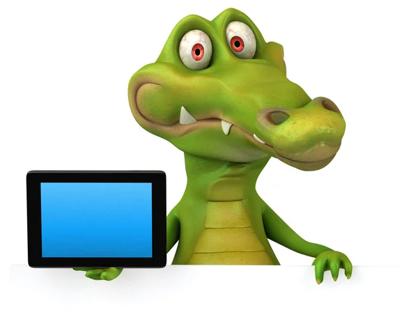 Krokodil bedrijf kaart en tablet — Stockfoto