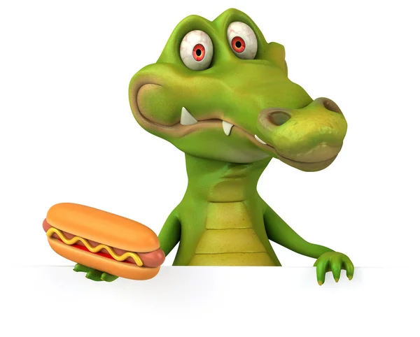 Krokodyl gospodarstwa karta i hotdog — Zdjęcie stockowe