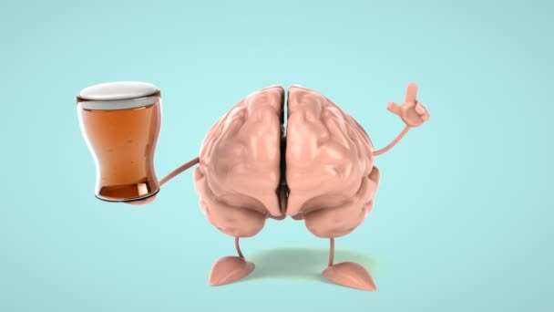 Funny brain holding beer — Stock Video