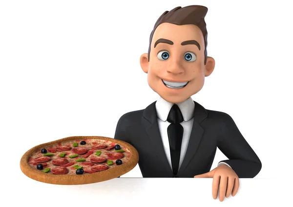 Businessman holding card and pizza — Stock Photo, Image