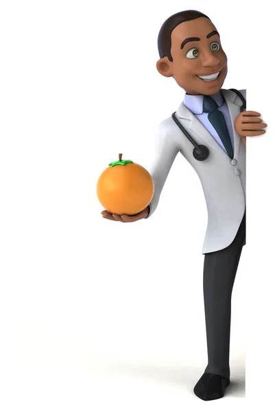 Doctor holding card and orange — Stock Photo, Image