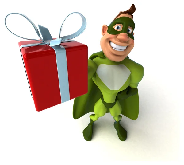 Superhero holding present — Stock Photo, Image