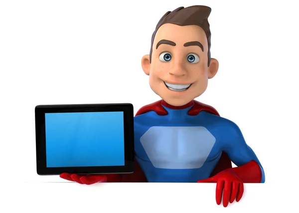 Superhero holding card and tablet — Stock Photo, Image