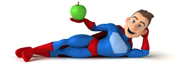 Superhero śmieszne gospodarstwa apple — Zdjęcie stockowe