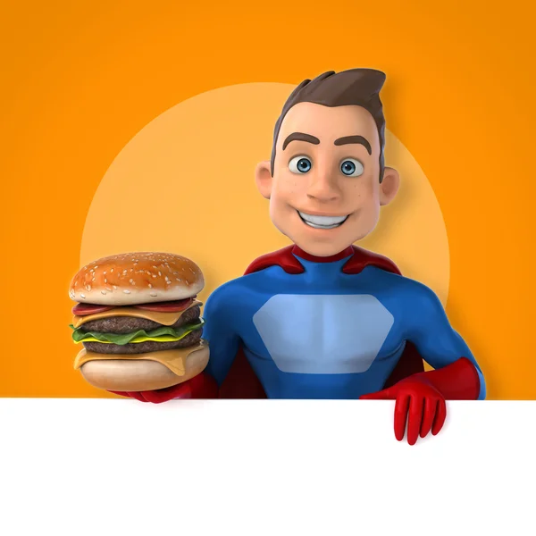 Superhero gospodarstwa karta i burger — Zdjęcie stockowe