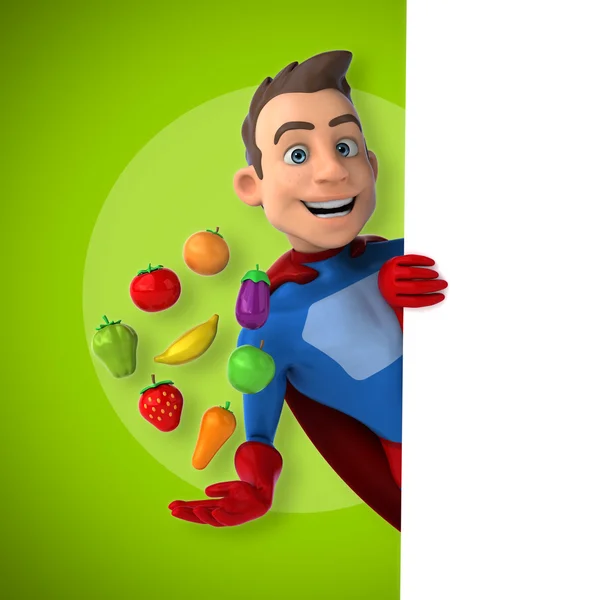 Super-herói segurando frutas e legumes — Fotografia de Stock
