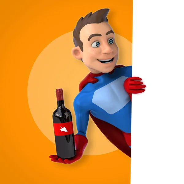 Superhéroe sosteniendo vino y tarjeta —  Fotos de Stock