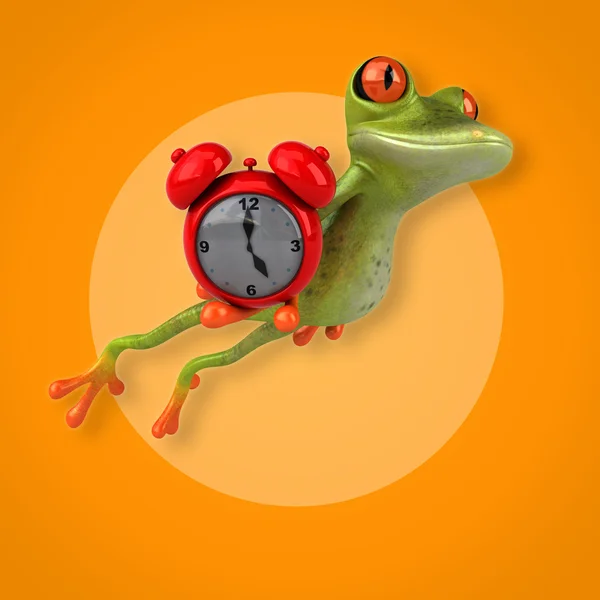 Frog holding alarm clock — Stock Photo, Image