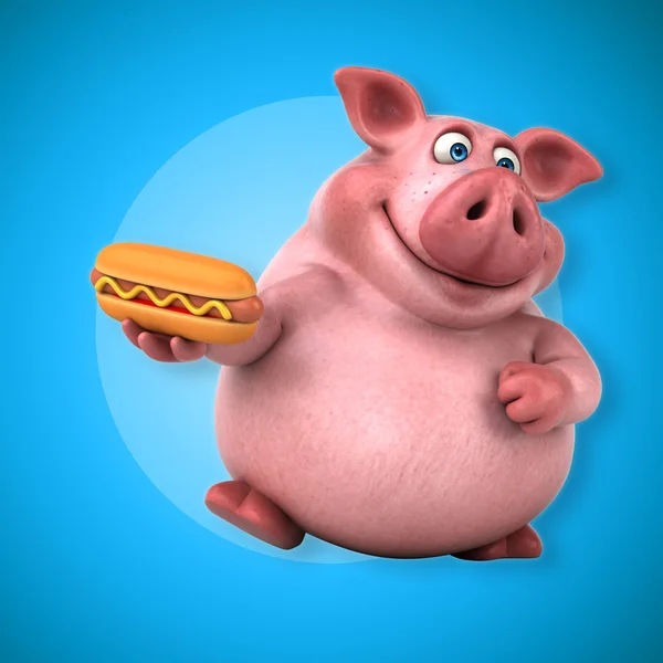 Drôle de porc tenant hotdog — Photo