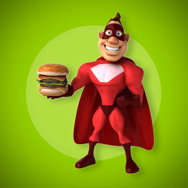 Superhero memegang burger — Stok Foto