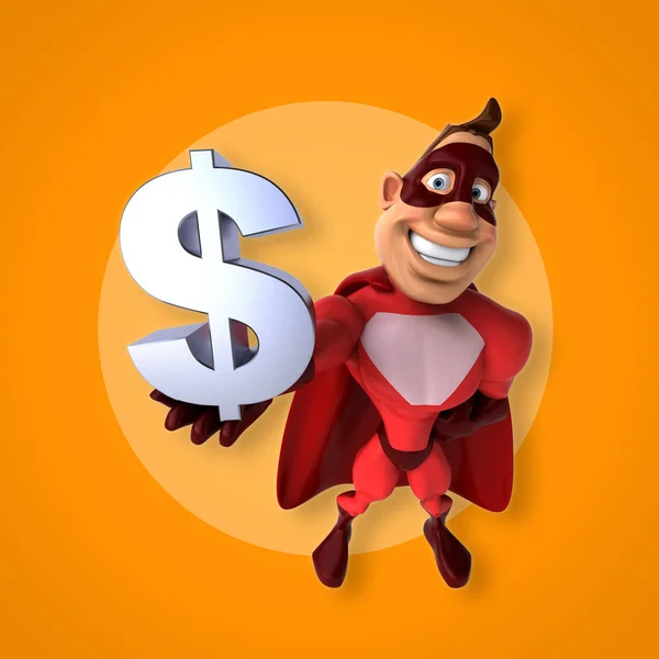 Znak dolara gospodarstwa superbohatera — Zdjęcie stockowe