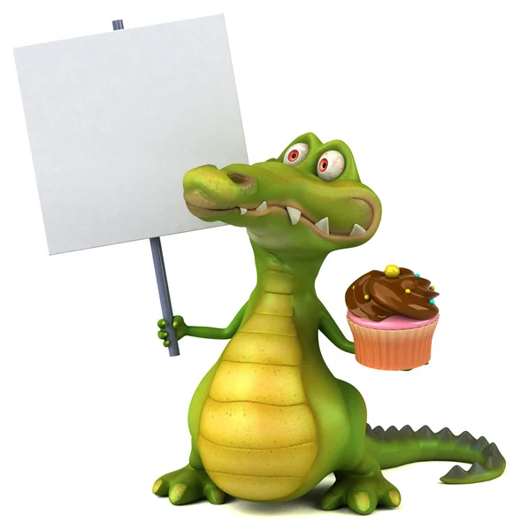 Crocodile holding card and cupcake — Stock Photo, Image