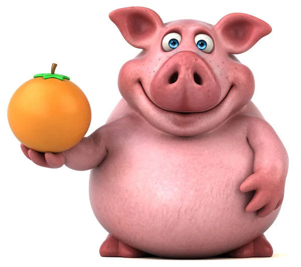 Смешная свинья держит оранжевый — стоковое фото