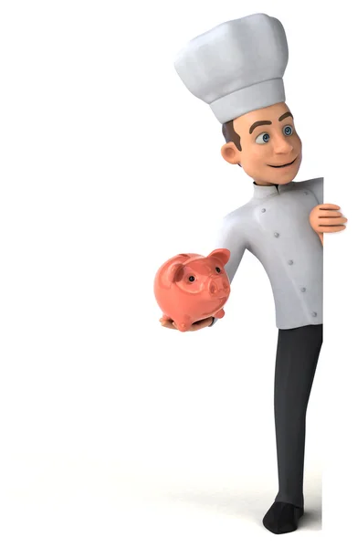 Chef holding piggy bank and card — Stock Photo, Image