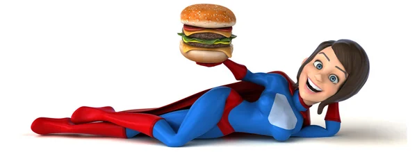 Superfrau mit Hamburger — Stockfoto