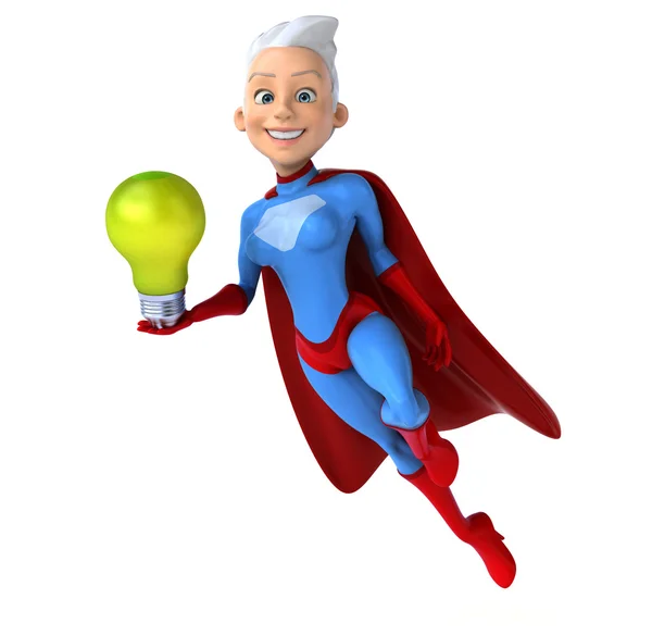 Super woman holding glödlampa — Stockfoto