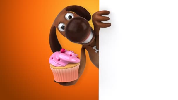 Funny dog holding cupcake — Stock Video