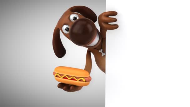 Funny dog holding hotdog — Stock Video