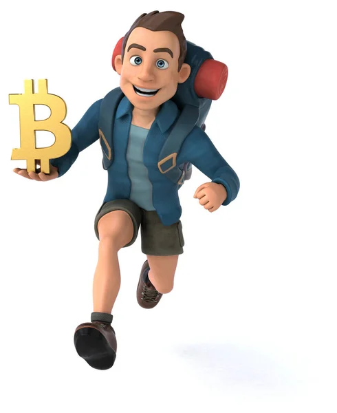 Zabawna Ilustracja Backpacker Kreskówka Bitcoin — Zdjęcie stockowe