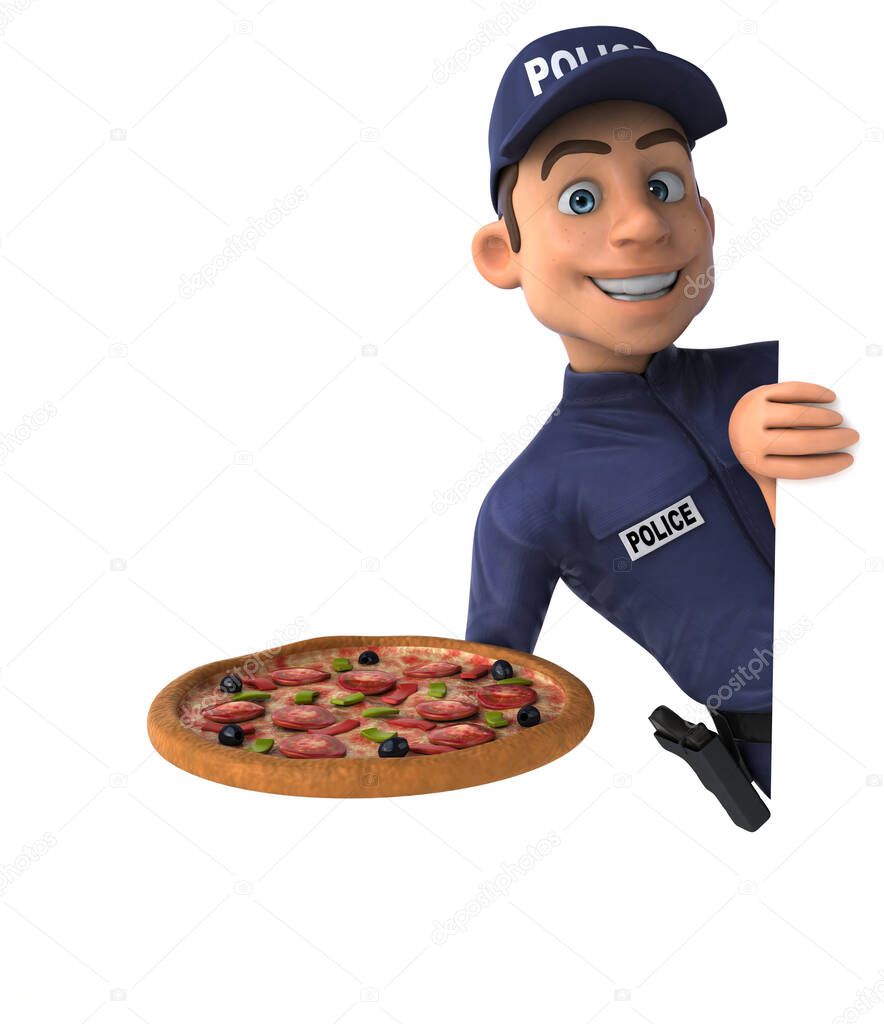 Fun 3D illustration of a cartoon Police Officer with pizza