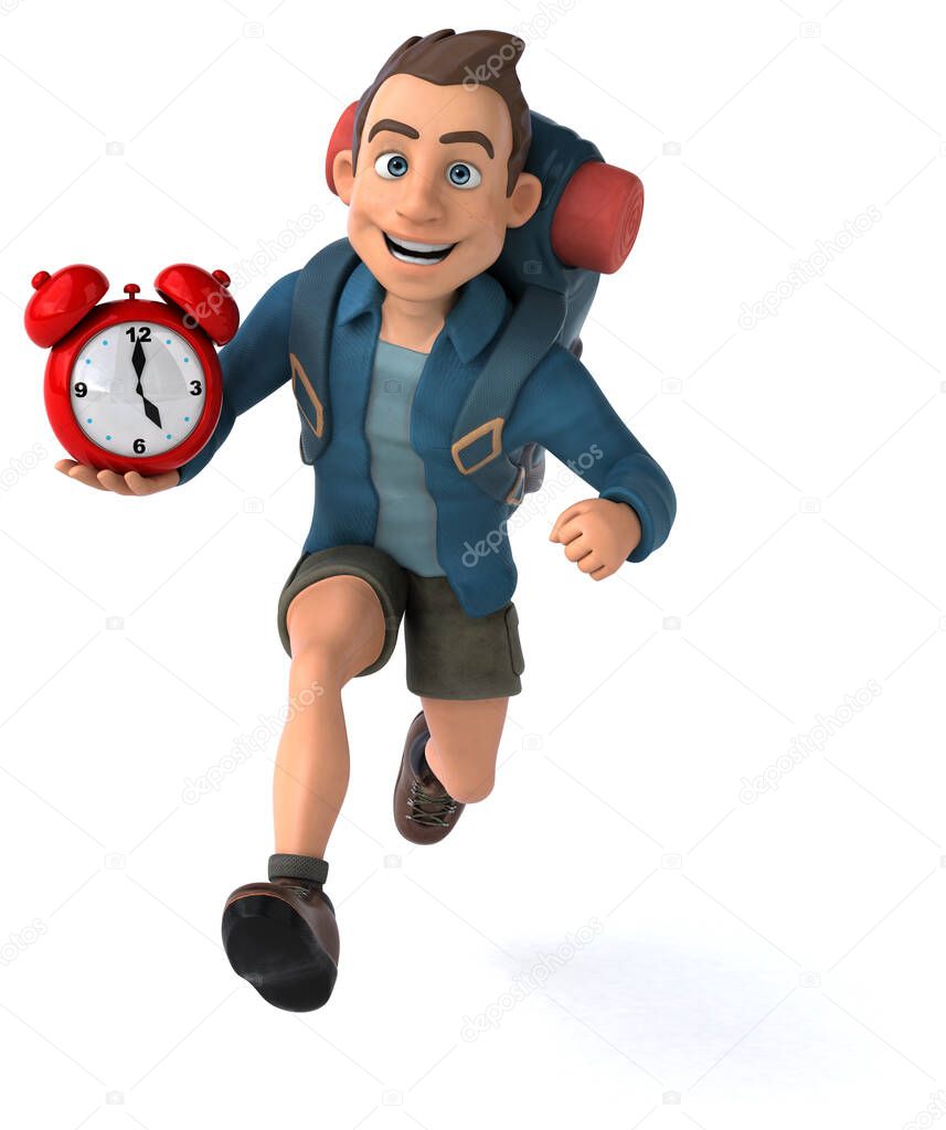 Fun illustration of a 3D cartoon backpacker with clock