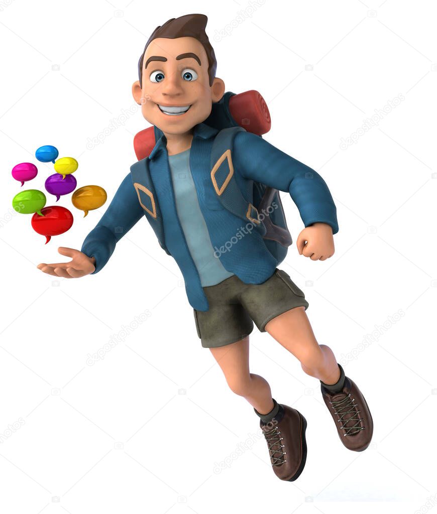 Fun illustration of a 3D cartoon backpacker with bubbles